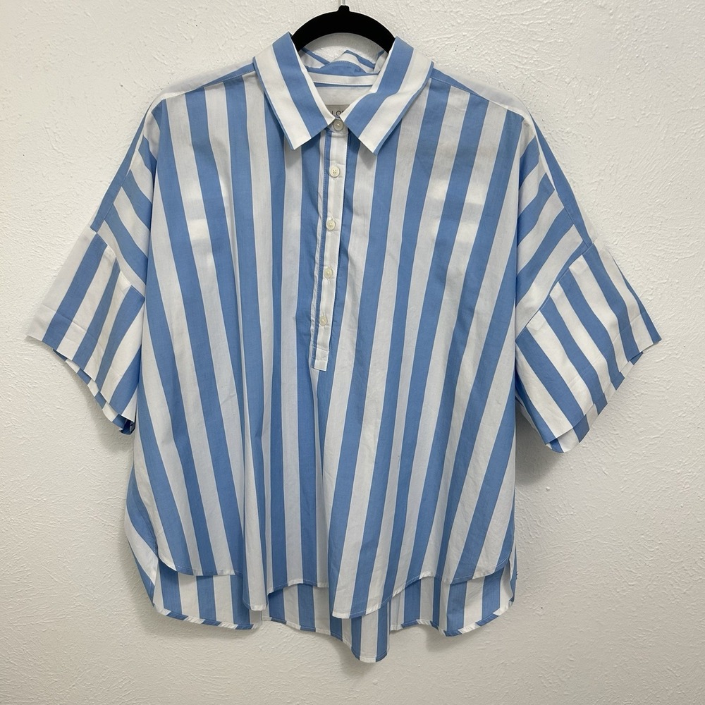 Loft Blue Striped Henley Dolman Everyday Tunic Shirt Size LRG Oversized Coastal